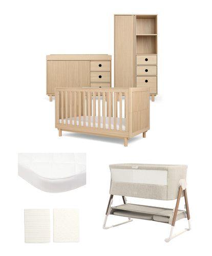 Mamas & Papas Cotbed Bundles Oska Nursery Bundle With Wide Dresser Changer & Lua Bedside Crib (6 Pieces) - Natural Oak