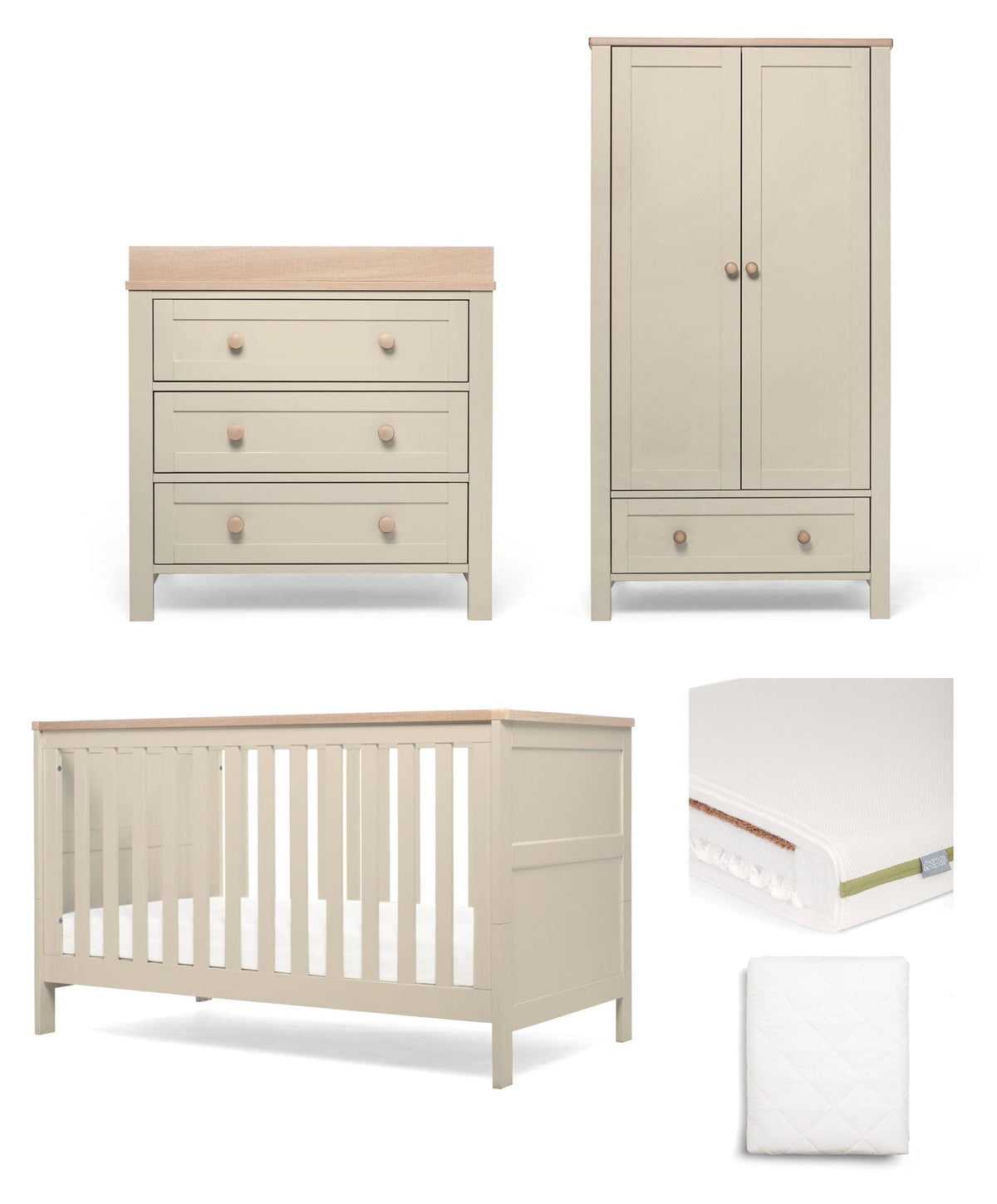 Mamas & Papas Cotbed Bundles Wedmore 3 Piece Cotbed Range With Premium Dual Core Mattress  - Cashmere/Oak