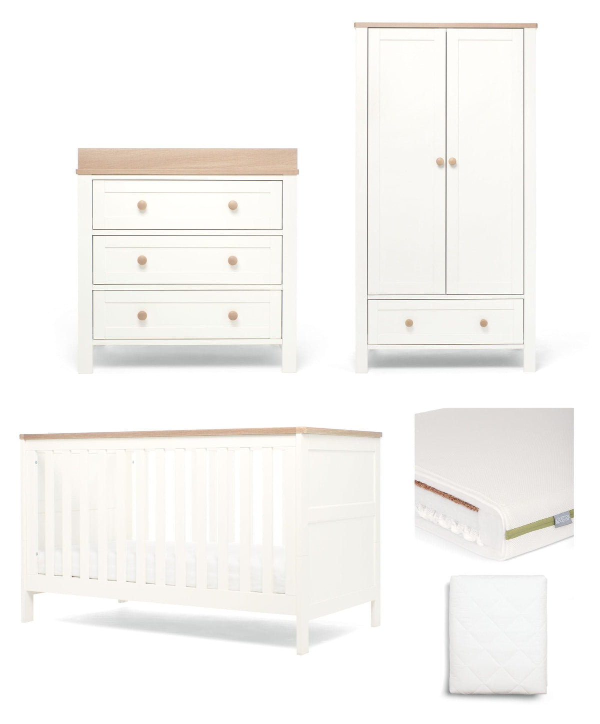 Mamas & Papas Cotbed Bundles Wedmore 3 Piece Cotbed Range with Premium Dual Core Mattress - White/Oak