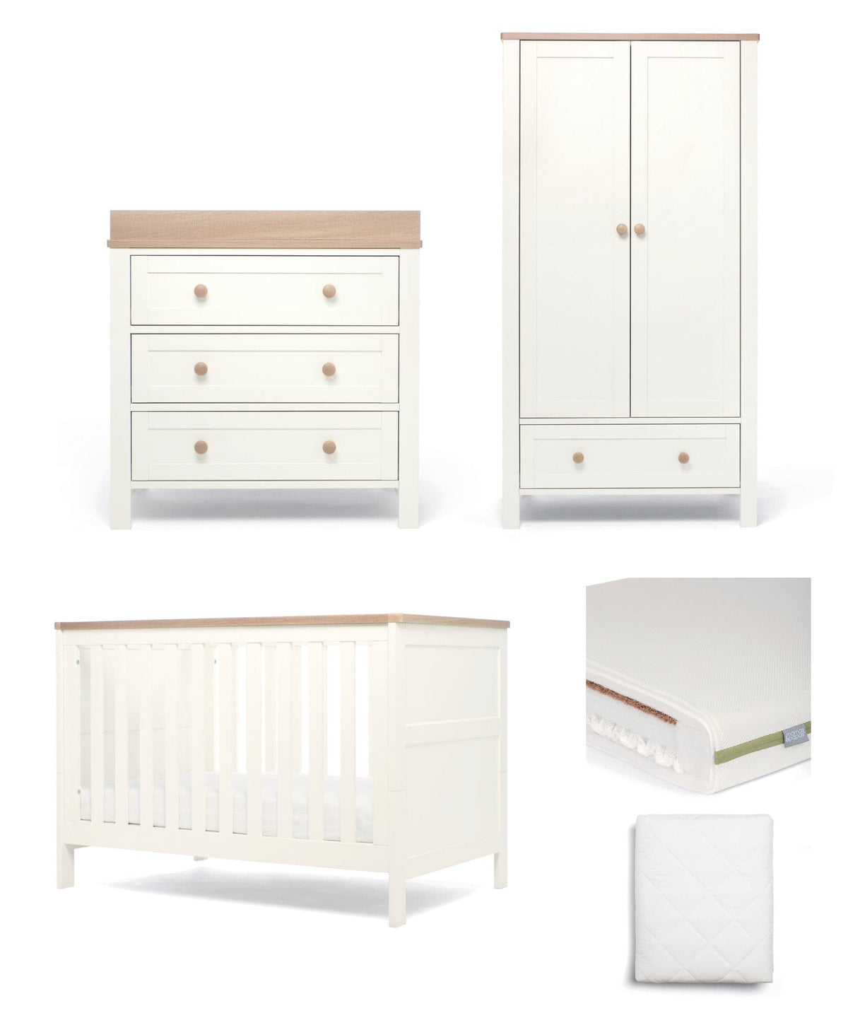 Mamas & Papas Cotbed Bundles Wedmore 3 Piece Small Cotbed Range with Premium Dual Core Mattress - White/Oak