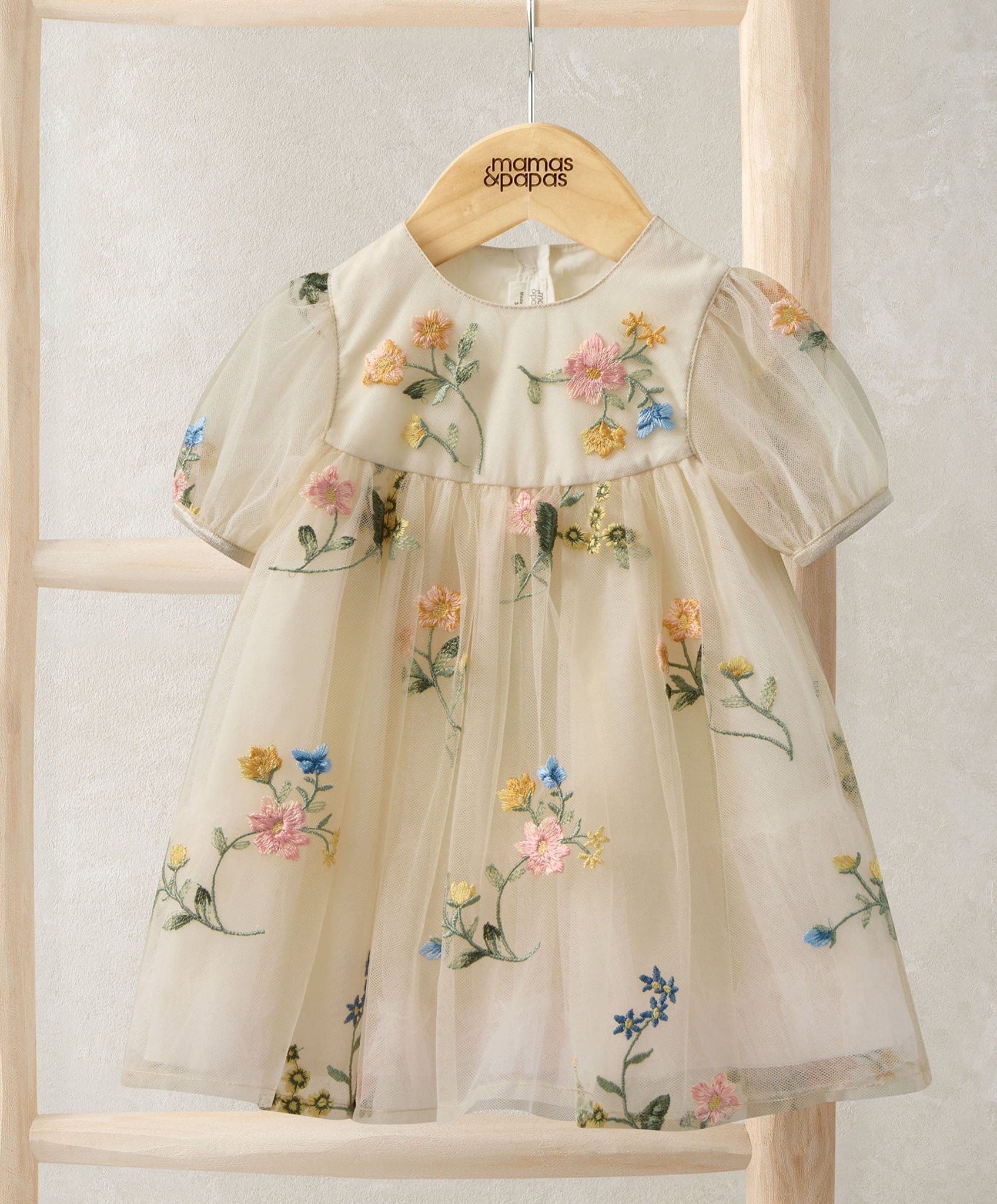 Mamas & Papas Floral Mesh Dress | Cream | Puff Sleeves | Button Back Closure | Party Wear for Baby Girls | Special Occasion Outfit | Toddler/Kids Clothing | 9-12 Months