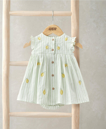 Mamas & Papas Dresses & Skirts Lemon Embroidered Stripe Dress With Frill Sleeves