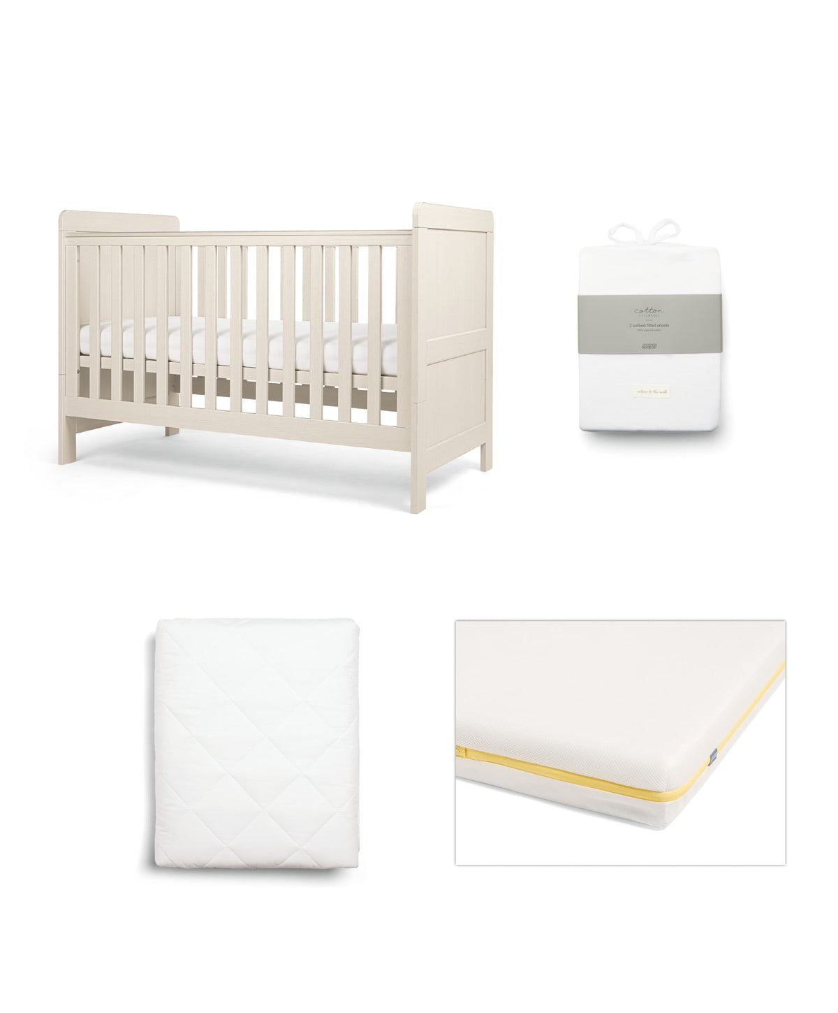 Mamas & Papas Furniture Sets Atlas Cotbed Starter Bundle with Essential Pocket Spring Mattress & Sheets - Stone