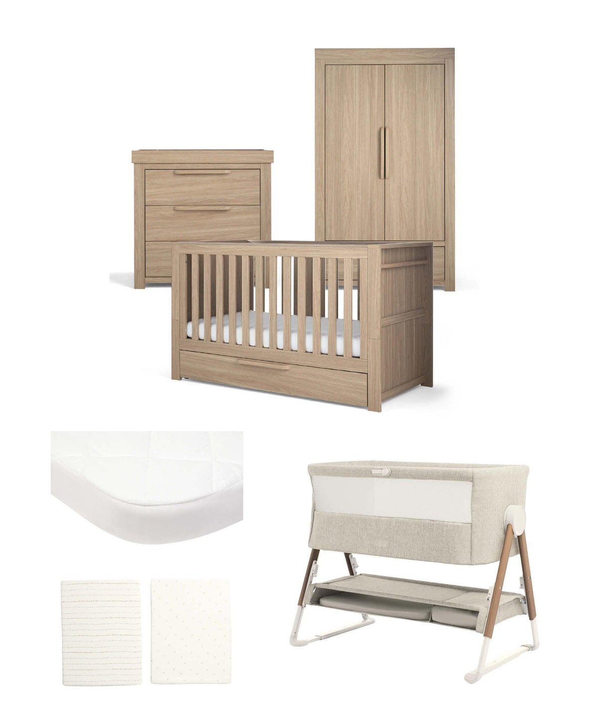Mamas & Papas Furniture Sets Franklin Nursery Bundle with Lua Bedside Crib (6 Piece) – Natural Oak