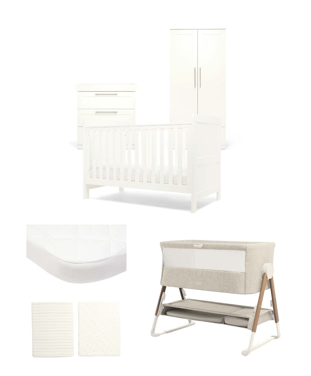 Mamas &amp; Papas Furniture Sets Hampden Nursery Bundle with Lua Bedside Crib (6 Piece) – White