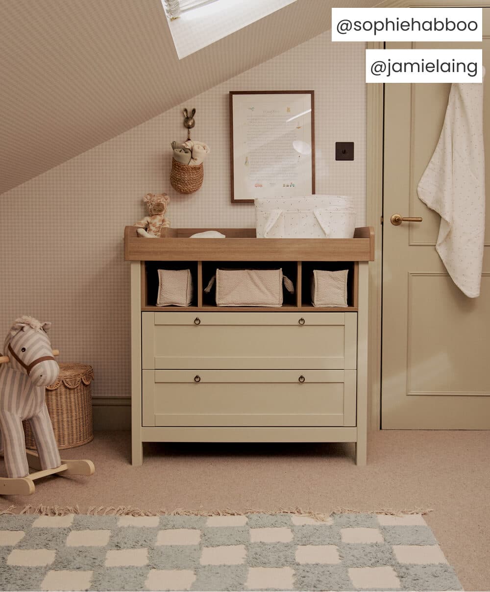 Mamas &amp; Papas Furniture Sets Harwell 3 Piece Cotbed Range with Alma Nursing Chair &amp; Stool - Cashmere/ Fawn Boucle
