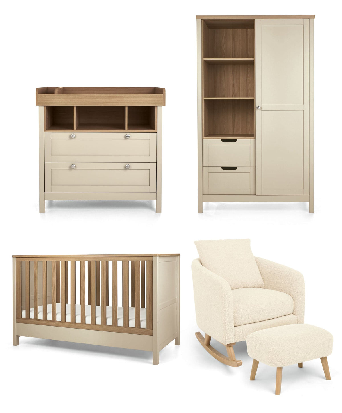 Mamas & Papas Furniture Sets Harwell 3 Piece Cotbed Range with Alma Nursing Chair & Stool - Cashmere/Off White Boucle