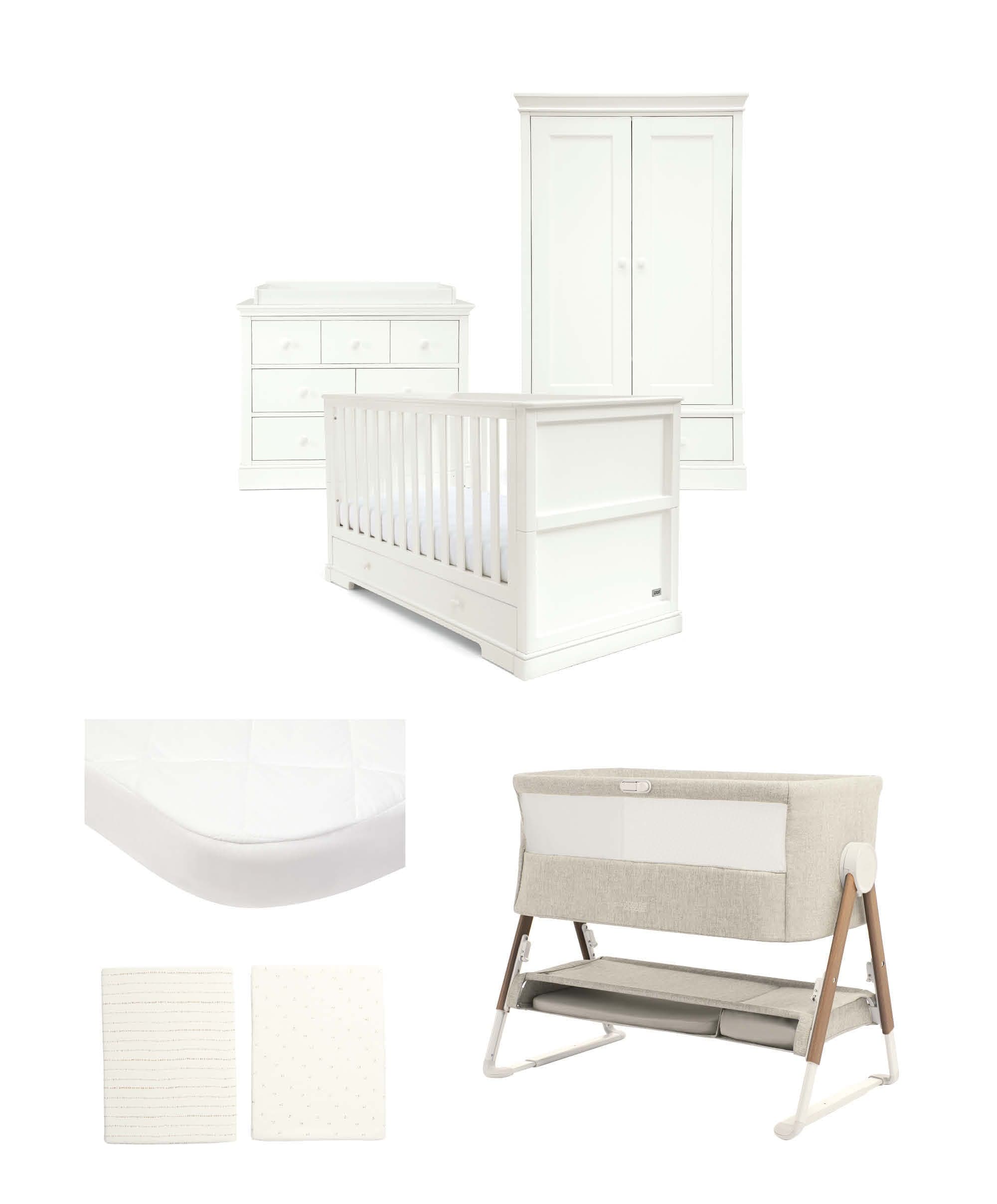 Oxford Nursery Bundle with Lua Bedside Crib (6 Piece) – White