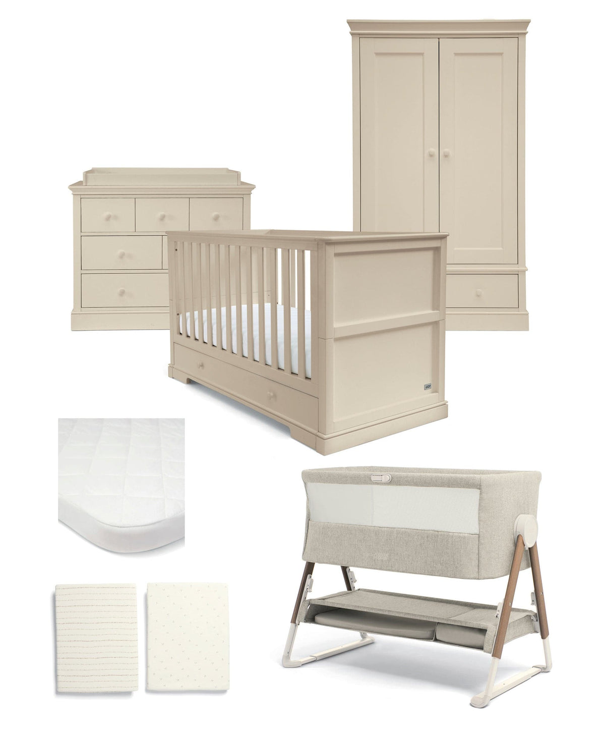 Mamas & Papas Furniture Sets Oxford Nursery Bundle With Lua Bedside Crib - Cashmere/Fawn