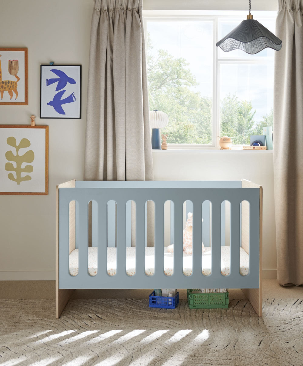 Mamas &amp; Papas Furniture Sets Vyne Cot &amp; Essential Airflow Fibre Small Cotbed and Cot Mattress  - Bluebell/Oak