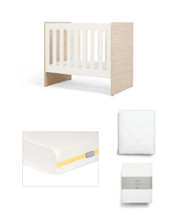 Mamas & Papas Furniture Sets Vyne Mini Cot with Essential Airflow Fibre Mini Cot Mattress & Sheets (4 Piece) - White/Oak