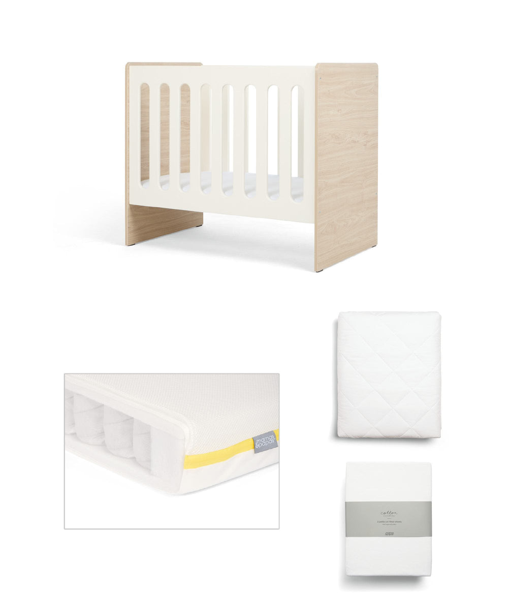 Mamas &amp; Papas Furniture Sets Vyne Mini Cot with Essential Pocket Spring Mini Cot Mattress &amp; Sheets (4 Piece) - White/Oak