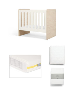 Mamas & Papas Furniture Sets Vyne Mini Cot with Essential Pocket Spring Mini Cot Mattress & Sheets (4 Piece) - White/Oak