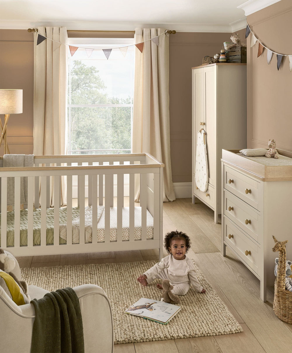 Mamas &amp; Papas Furniture Sets Wedmore 3 Piece Cotbed Range with Dresser Changer &amp; Wardrobe - Cashmere/Oak