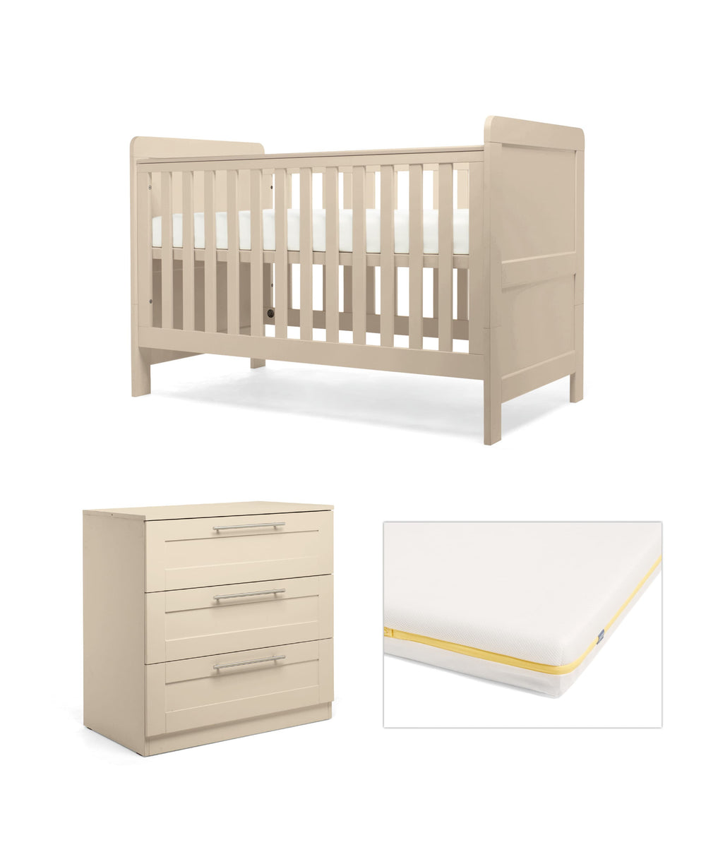 Mamas &amp; Papas Hampden Nursery Furniture Set &amp; Essential Airflow Fibre Cotbed Mattress - Cashmere