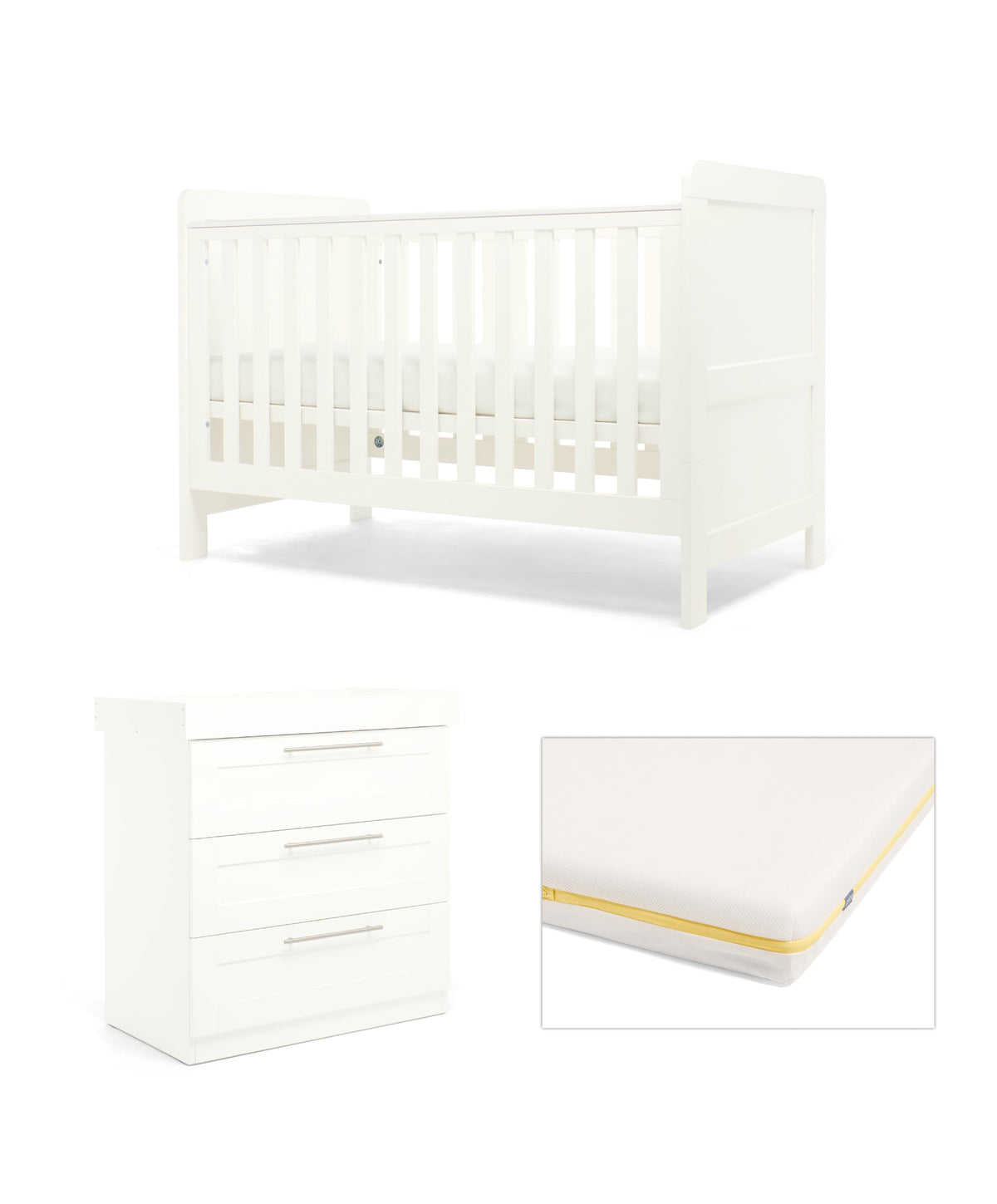 Mamas & Papas Hampden Nursery Furniture Set & Essential Airflow Fibre Cotbed Mattress - White