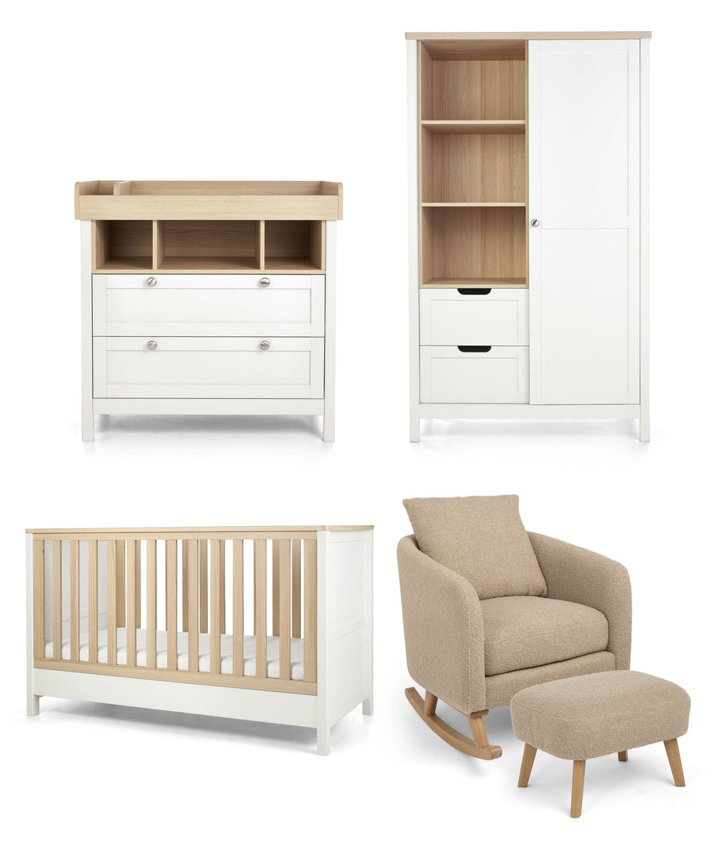 Mamas &amp; Papas Harwell 3 Piece Cotbed Range with Alma Nursing Chair &amp; Stool - White/ Fawn
