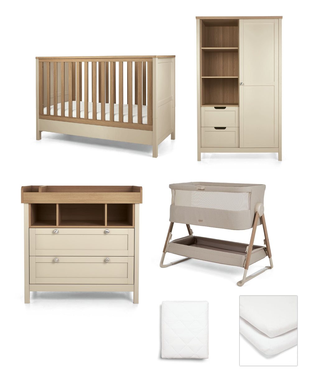 Mamas &amp; Papas Harwell Nursery Bundle with Lua 2 Bedside Crib (6 Piece) – Mocha/Cashmere