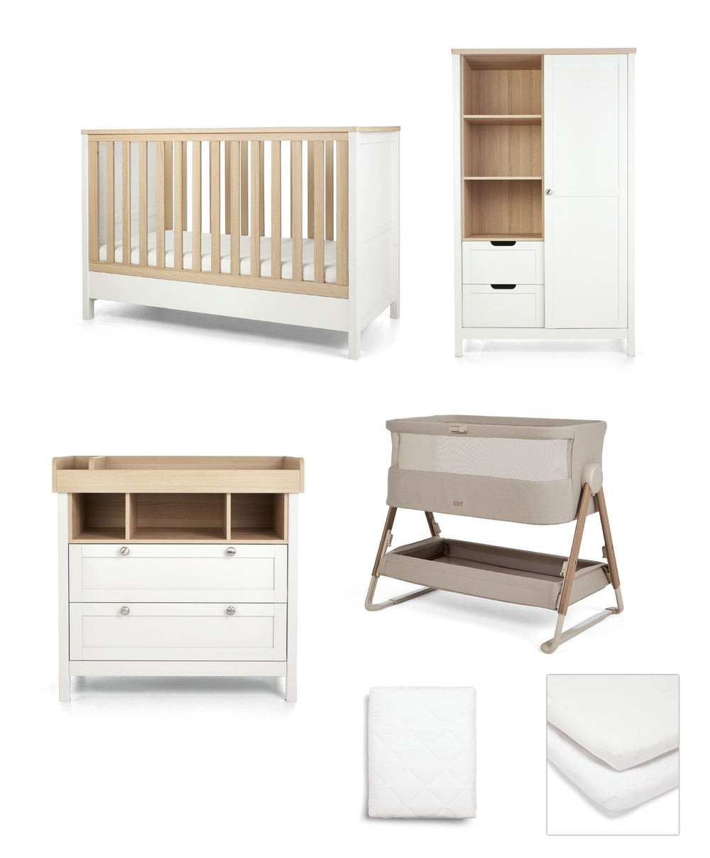 Mamas &amp; Papas Harwell Nursery Bundle with Lua 2 Bedside Crib (6 Piece) – Mocha/White