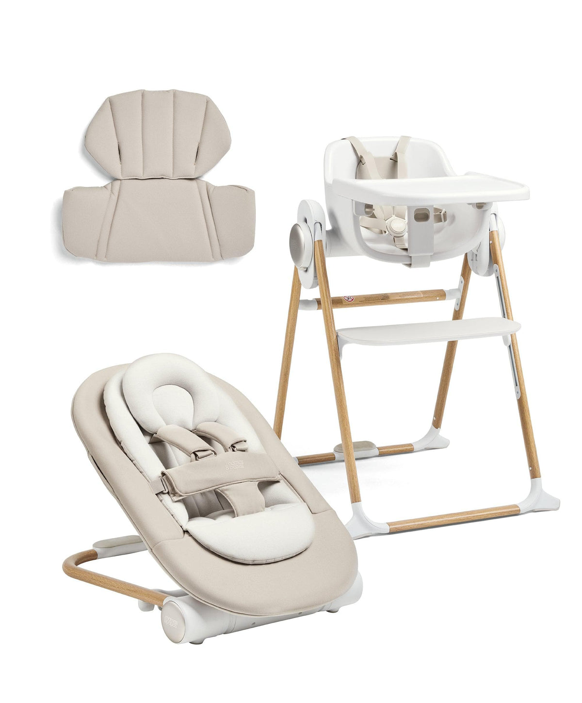 Mamas & Papas Highchairs Eno Highchair, Bouncer & Cushion Complete Bundle - Cashmere
