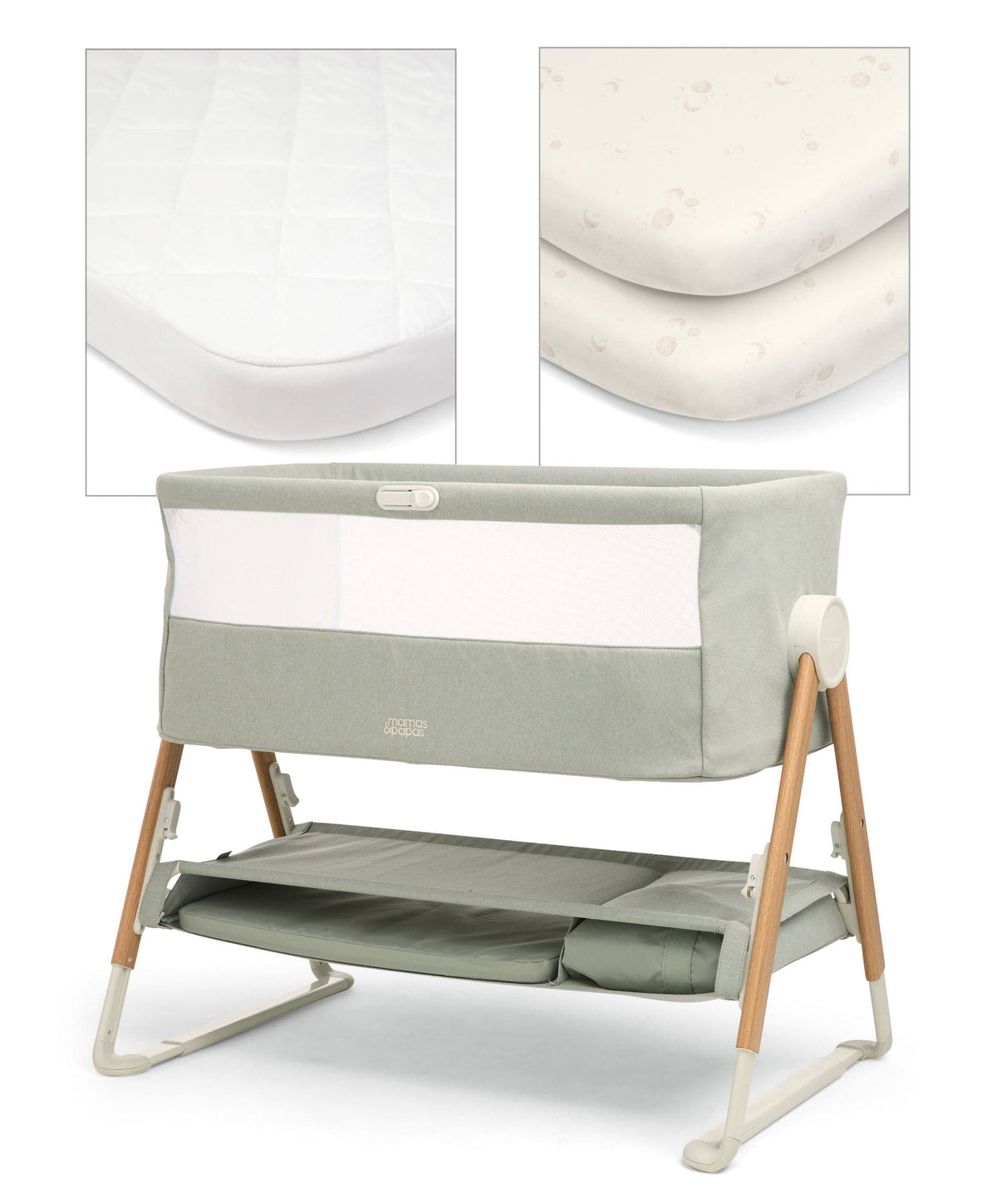 Mamas & Papas Lua Bedside Crib and Sheet Bundle - Sage/Cosmic Sky