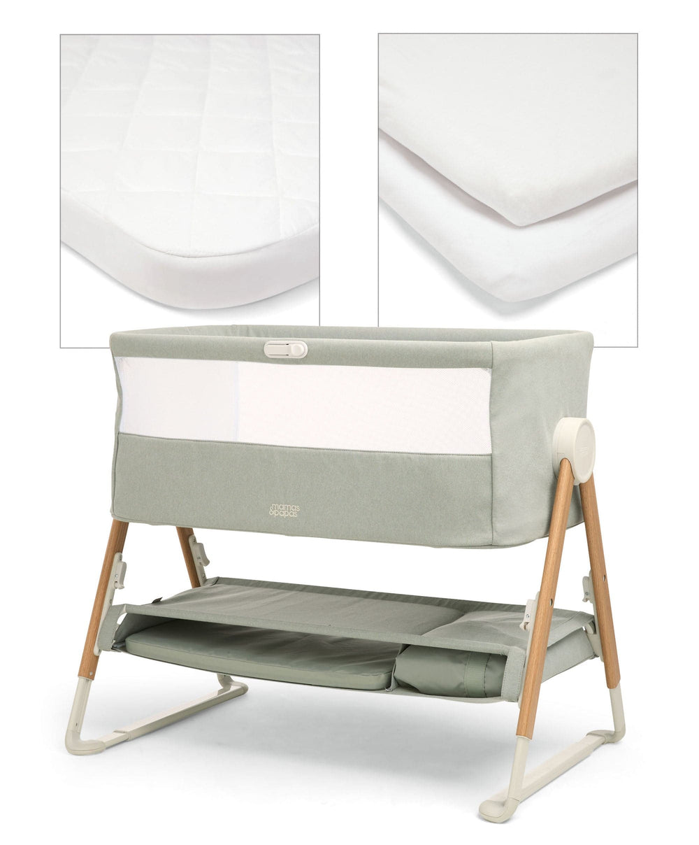 Mamas &amp; Papas Lua Bedside Crib and Sheet Bundle - Sage/White