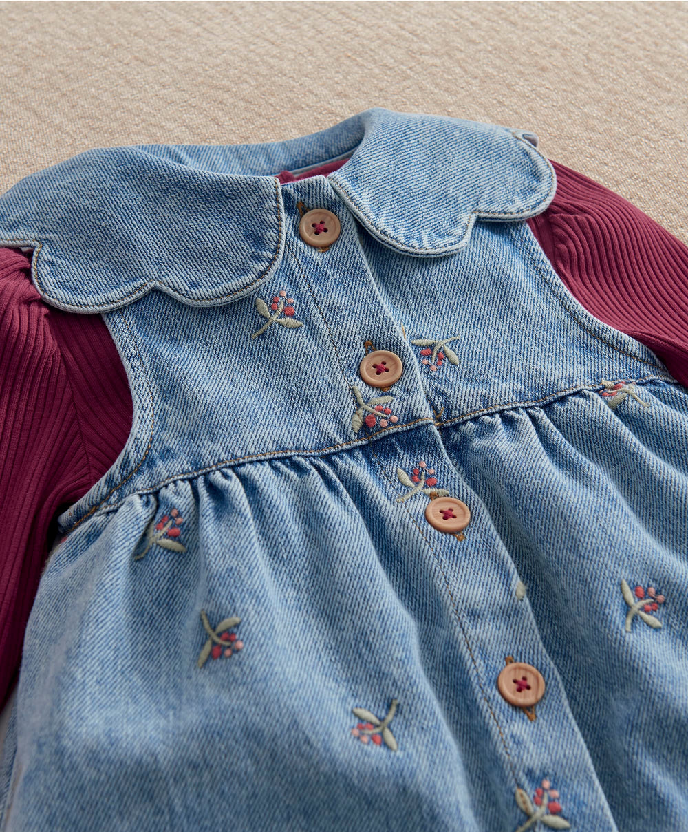 Mamas &amp; Papas Outfits &amp; Sets Berry Demin Dungarees &amp; Ribbed Bodysuit Set