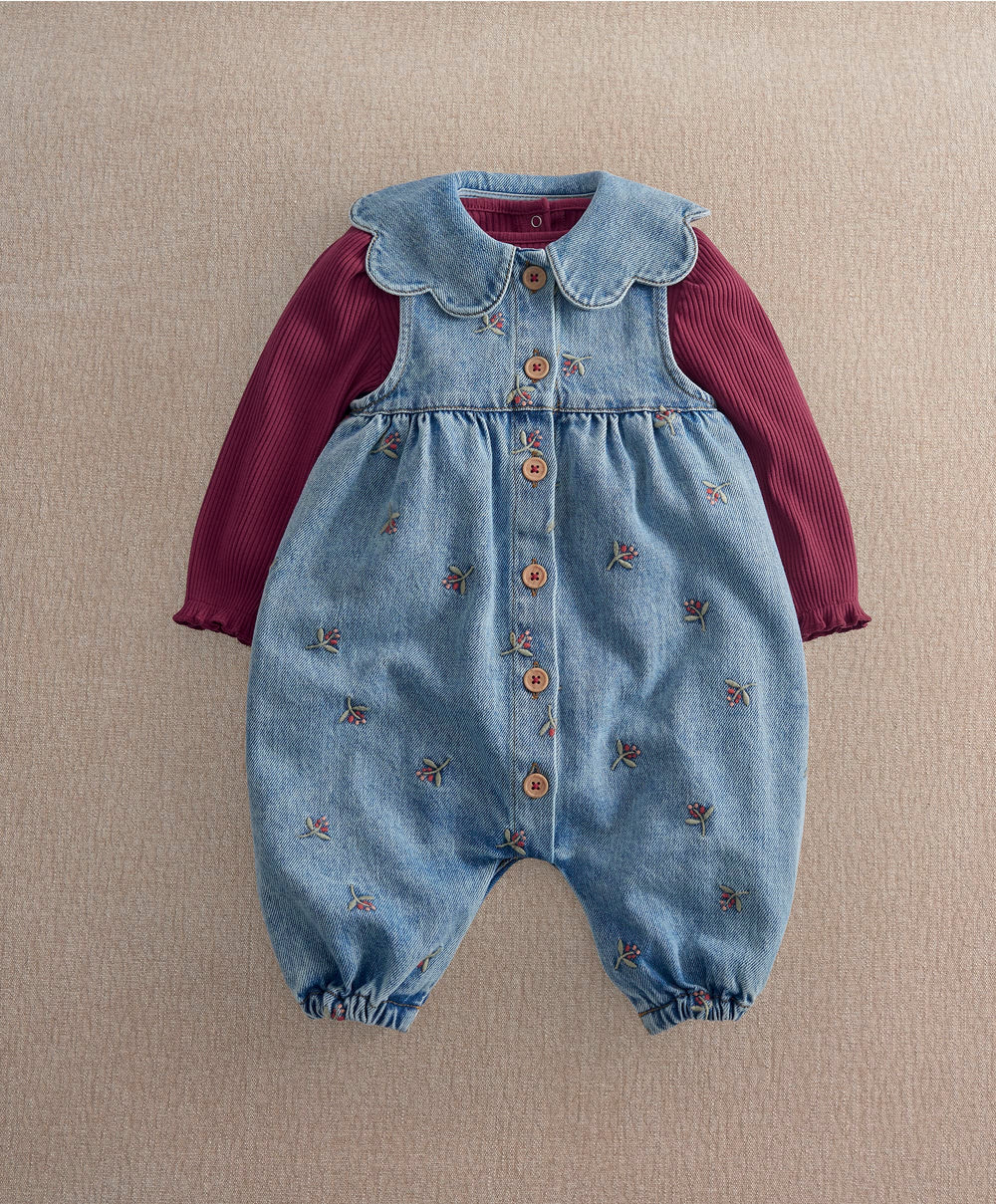 Mamas &amp; Papas Outfits &amp; Sets Berry Demin Dungarees &amp; Ribbed Bodysuit Set