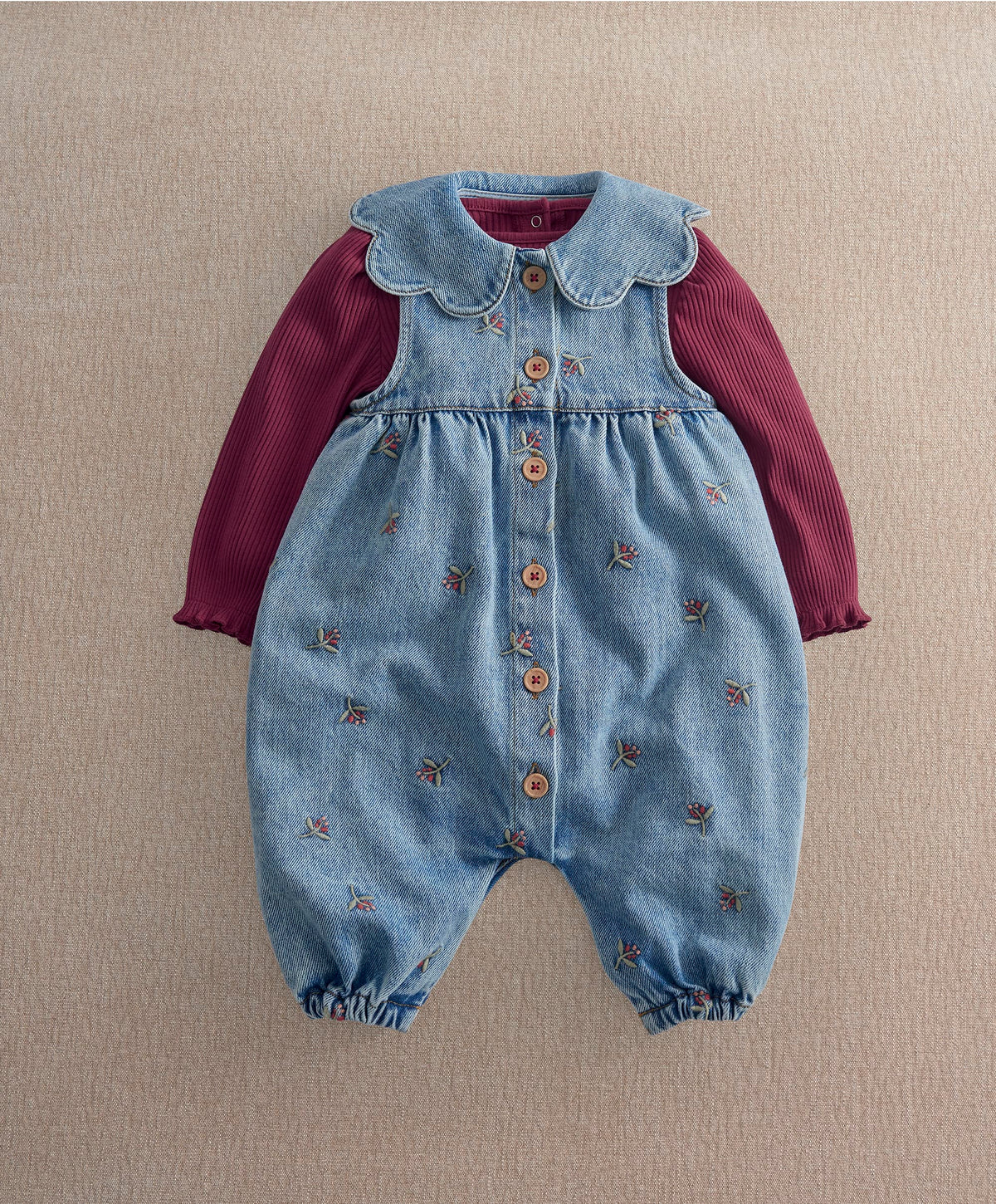 Mamas & Papas Outfits & Sets Berry Demin Dungarees & Ribbed Bodysuit Set