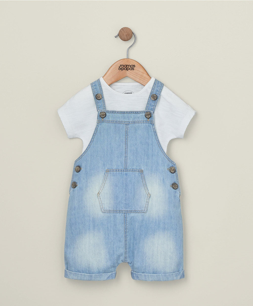 Mamas &amp; Papas Outfits &amp; Sets Denim Dungarees and White T Shirt - 2 Piece Set
