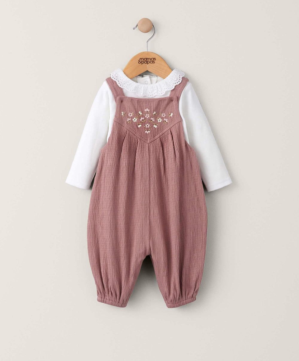 Mamas & Papas Outfits & Sets Embroidered Crinkle Jersey Dungaree (2 Piece) - Pink