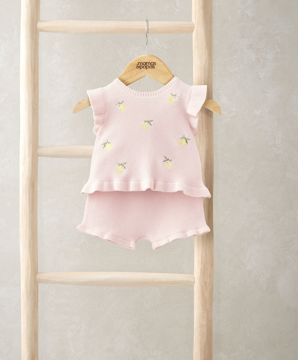 Mamas &amp; Papas Outfits &amp; Sets Embroidered Knit Top &amp; Shorts Set (2 Pieces) - Pink