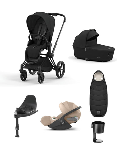 Mamas & Papas Pushchairs Cybex Priam Pushchair Bundle With Cybex Cloud T i-Size Rotating Baby Car Seat & Base (7 Pieces) - Black/Cosy Beige