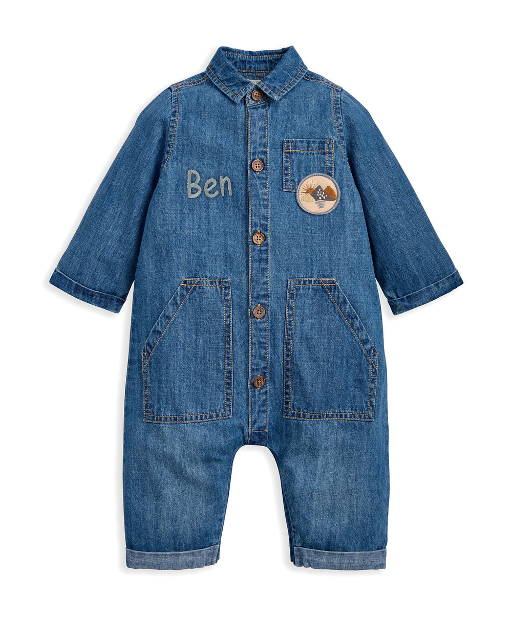 Mamas &amp; Papas Rompers Denim Boiler Suit with Woven Badge - Blue