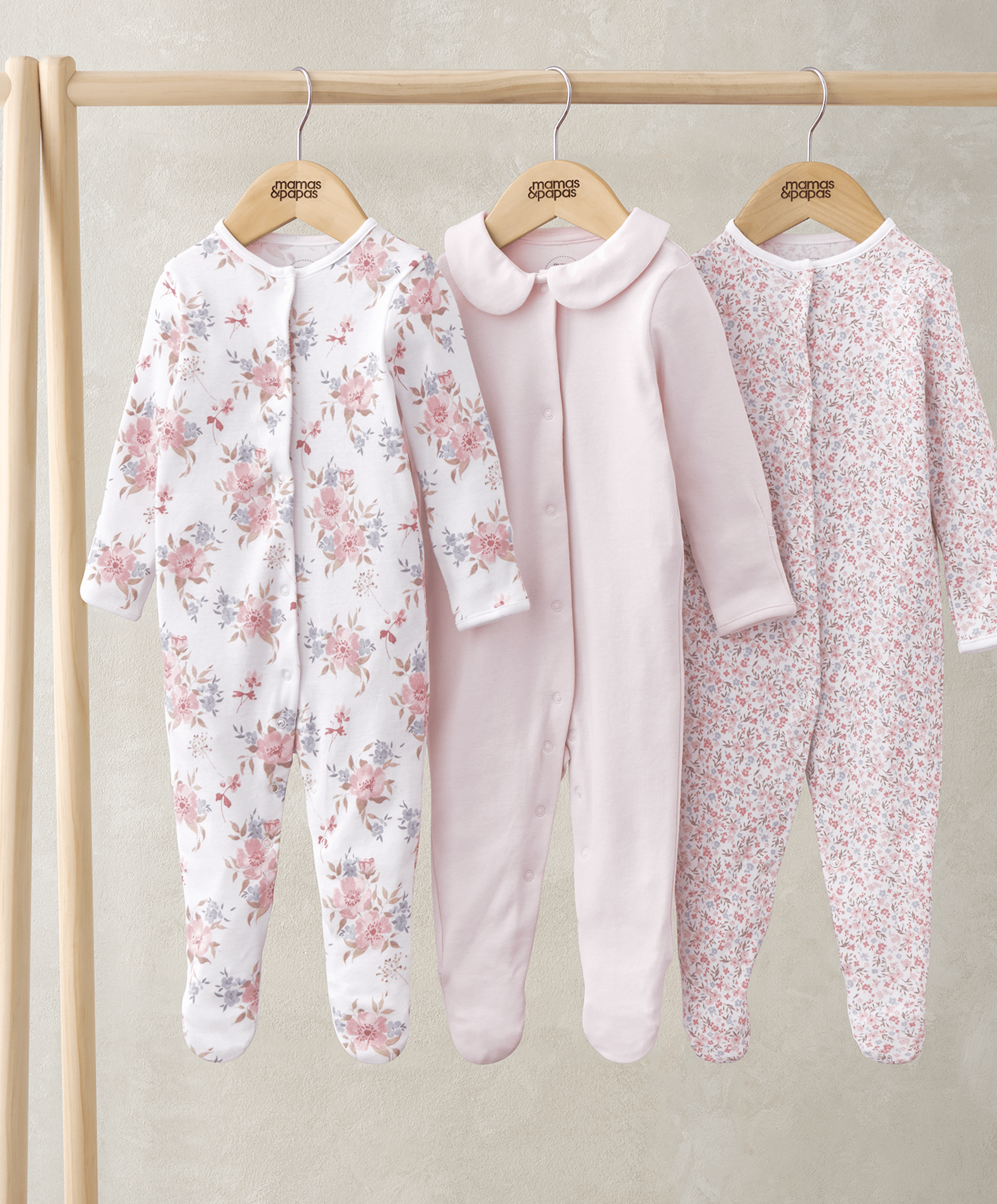 Long Sleeve Sleepsuits (Pack of 3) Watercolour Ditsy Floral