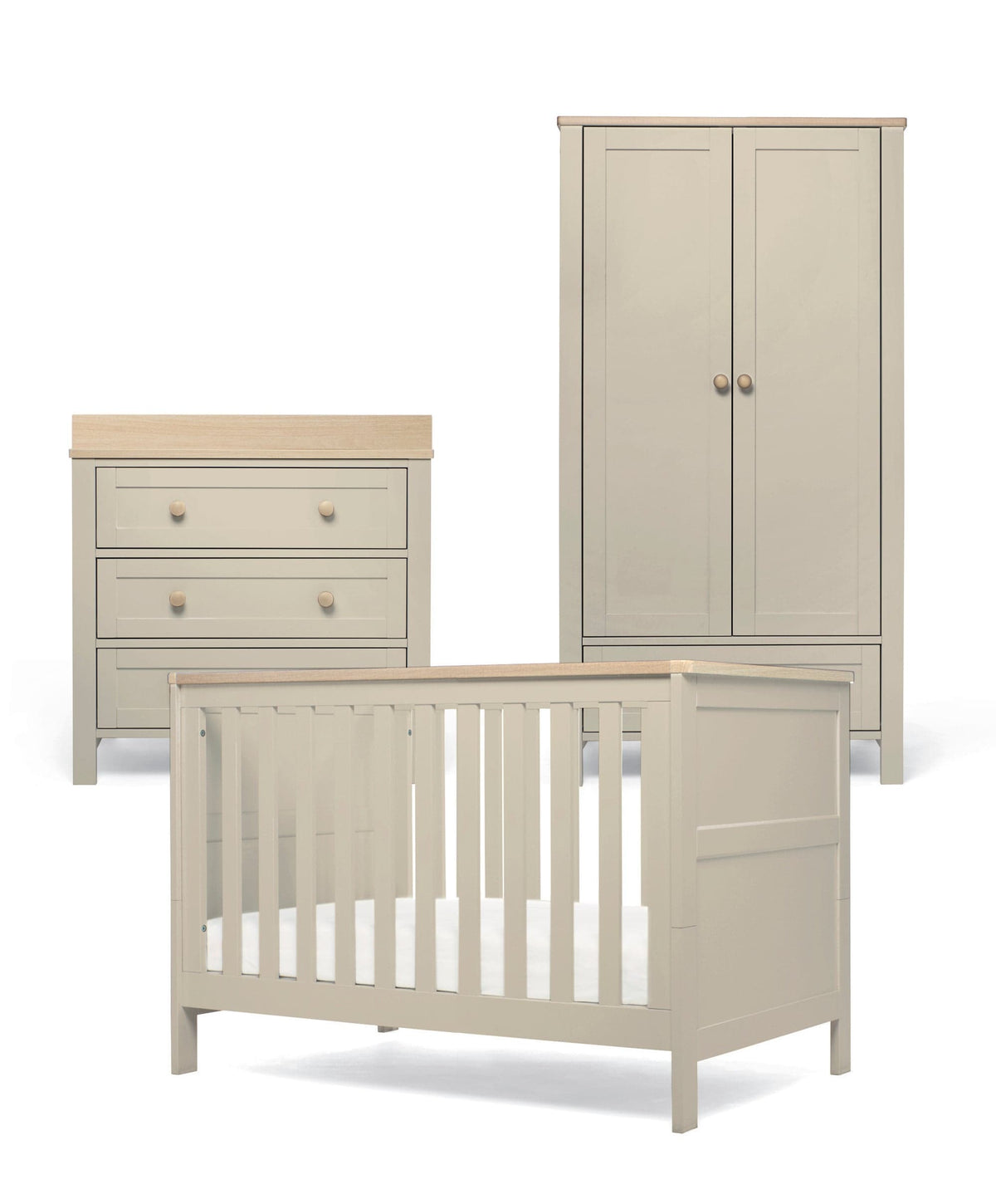 Mamas & Papas Wedmore 3 Piece Small Cotbed Range With Dresser Changer & Wardrobe - Cashmere/Oak