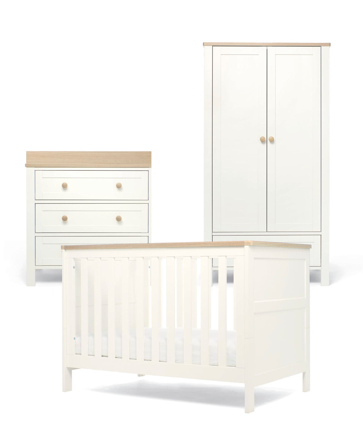 Mamas & Papas Wedmore 3 Piece Small Cotbed Range with Dresser Changer & Wardrobe - White/Oak