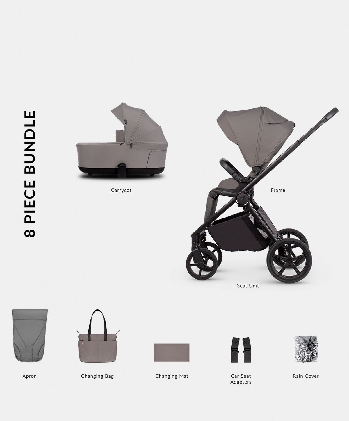 Venicci Pushchairs Venicci Claro 2in1 Essential Pushchair Bundle (8 Pieces) - Fog
