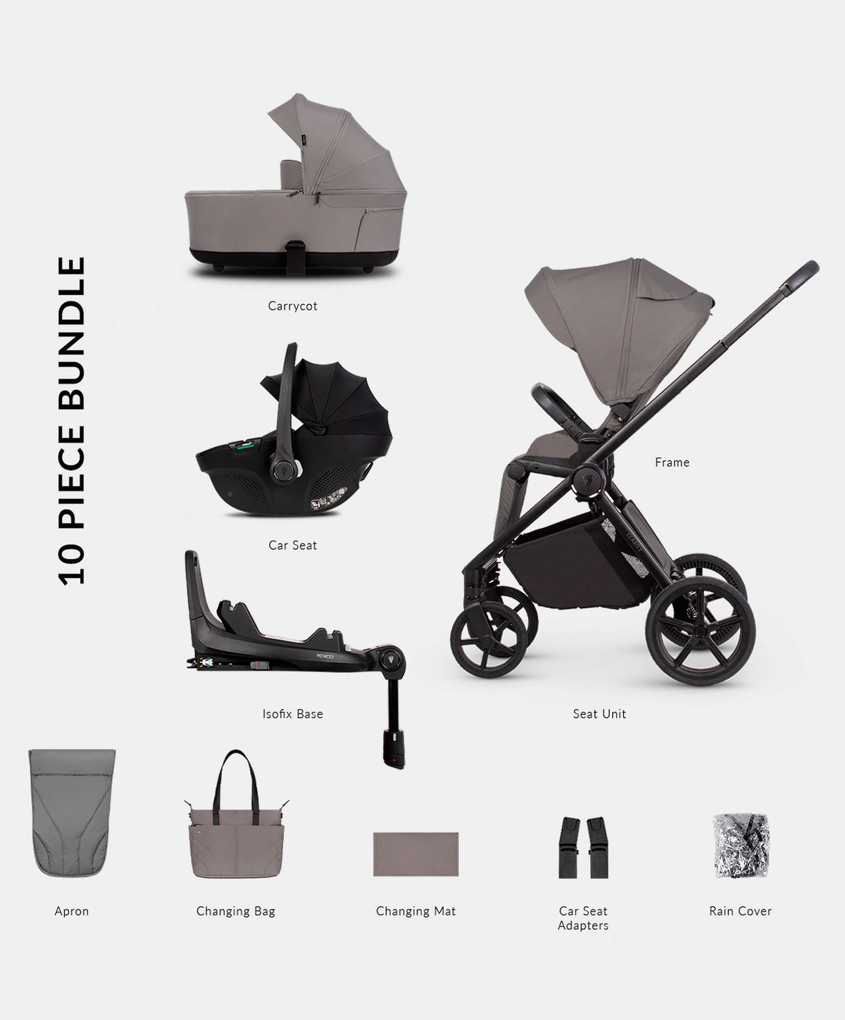 Venicci Pushchairs Venicci Claro 4in1 Luxury Pushchair Bundle with Tiago Car Seat (10 pieces) - Fog