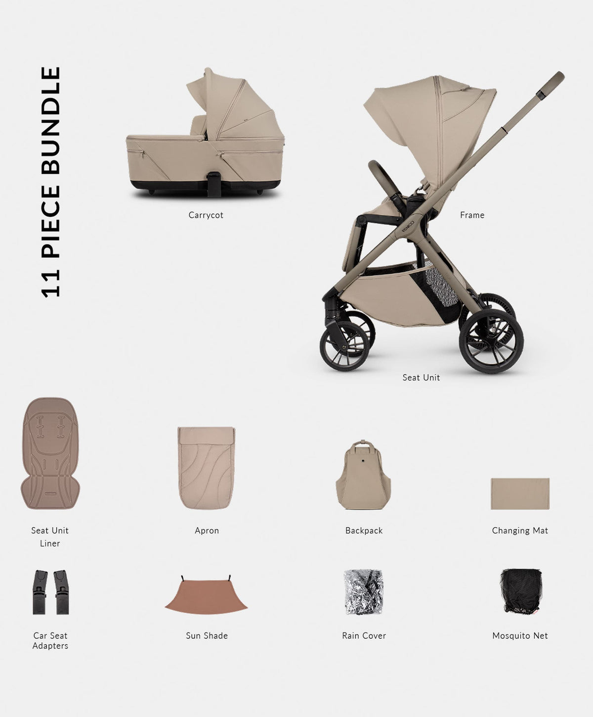Venicci Pushchairs Venicci Tila 2in1 Essential Pushchair Bundle (11 Pieces) -  Latte