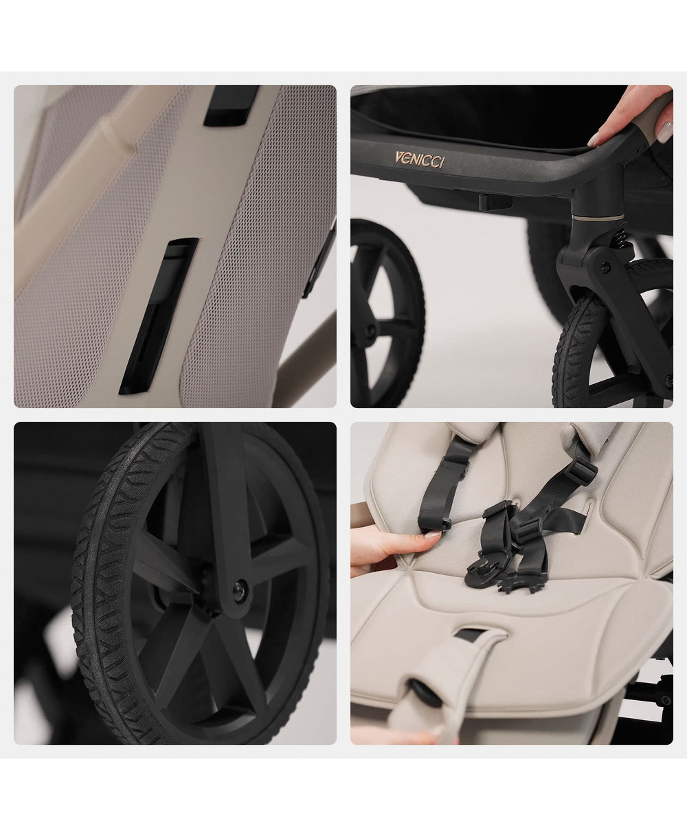 Venicci Pushchairs Venicci Upline3 4in1 Luxury Pushchair Bundle With Tiago 2 Car Seat (13 Pieces) - Sand
