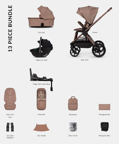 Venicci Pushchairs Venicci Upline3 4in1 Luxury Pushchair Bundle With Tiago 2 Car Seat (13 Pieces) - Sand