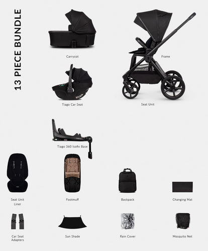 Venicci Pushchairs Venicci Upline3 4in1 Pushchair Bundle With Tiago 2 Car Seat (13 Pieces) - Onyx