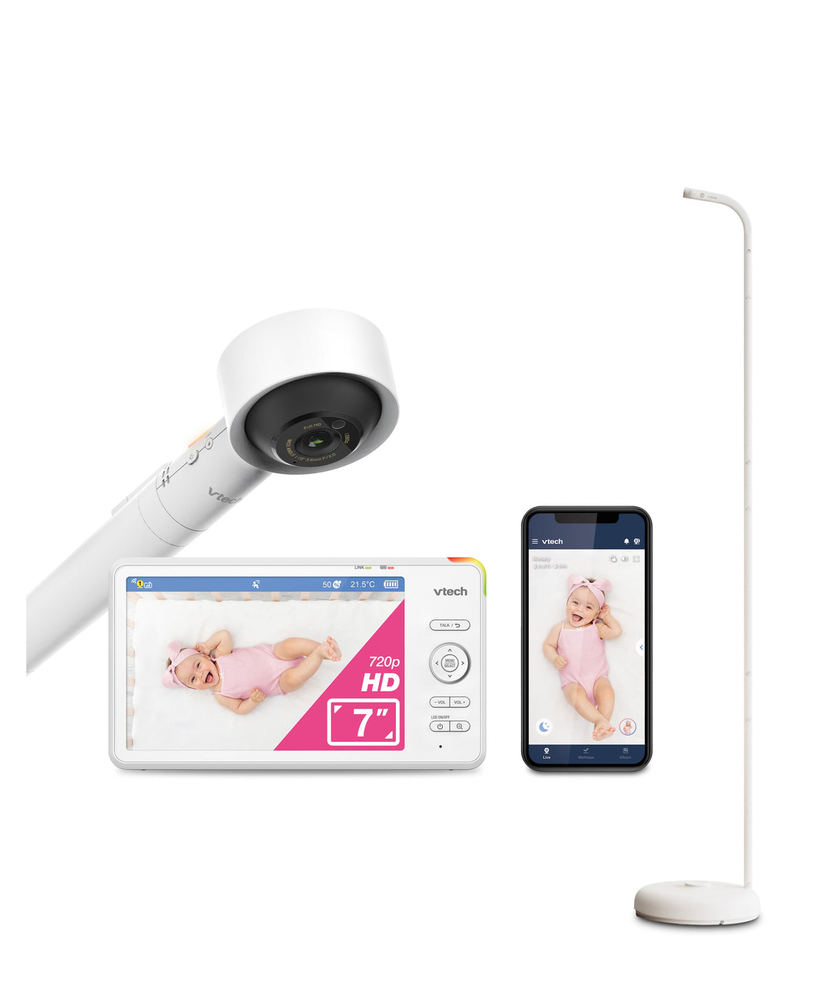 VTech Baby Monitors VTech RM7766HD 7inch Smart Pan & Tilt Baby Monitor & Camera Floorstand - White