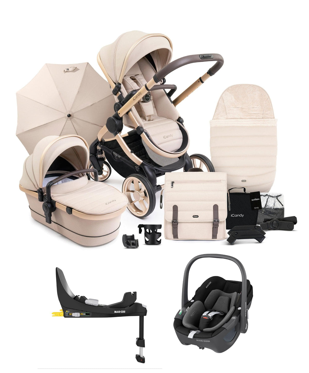 iCandy Peach 7 Complete Pushchair Bundle with Maxi-Cosi Pebble 360 Car Seat & Base - Biscotti