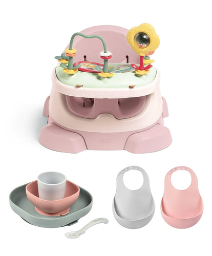 Mamas & Papas Bug 3-in-1 Floor & Booster Seat with Activity Tray, Béaba Silicone Meal Weaning Set & Silicone Bibs Bundle - Blossom / Pink