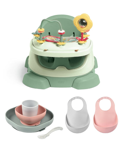 Mamas & Papas Bug 3-in-1 Floor & Booster Seat with Activity Tray, Béaba Silicone Meal Weaning Set & Silicone Bibs Bundle - Eucalyptus / Pink