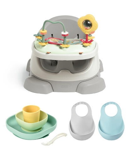 Mamas & Papas Bug 3-in-1 Floor & Booster Seat with Activity Tray, Béaba Silicone Meal Weaning Set & Silicone Bibs Bundle - Pebble Grey / Blue