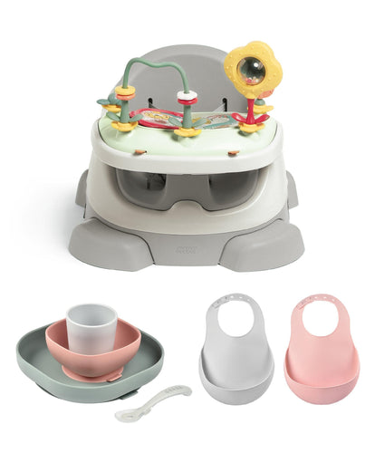 Mamas & Papas Bug 3-in-1 Floor & Booster Seat with Activity Tray, Béaba Silicone Meal Weaning Set & Silicone Bibs Bundle - Pebble Grey / Pink